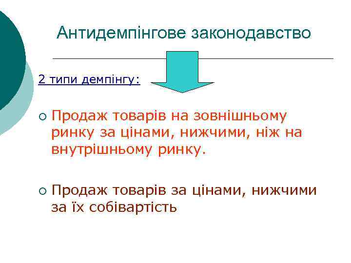 Антидемпінгове законодавство 2 типи демпінгу: ¡ ¡ Продаж товарів на зовнішньому ринку за цінами,