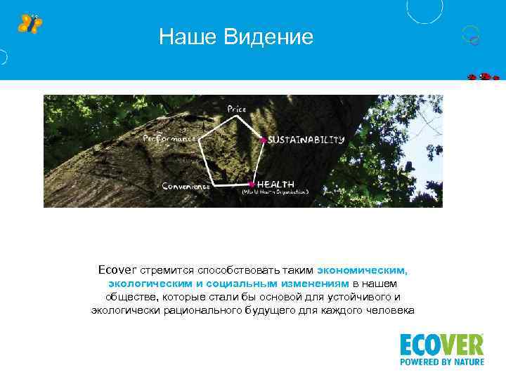 Наше Видение Ecover стремится способствовать таким экономическим, экологическим и социальным изменениям в нашем обществе,