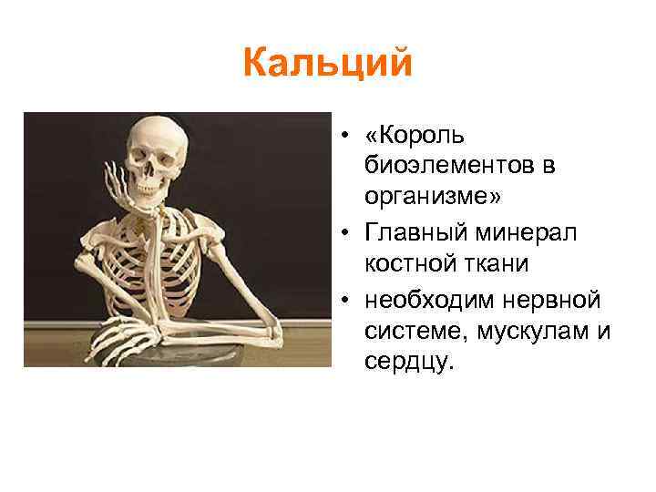 Кальций • «Король биоэлементов в организме» • Главный минерал костной ткани • необходим нервной