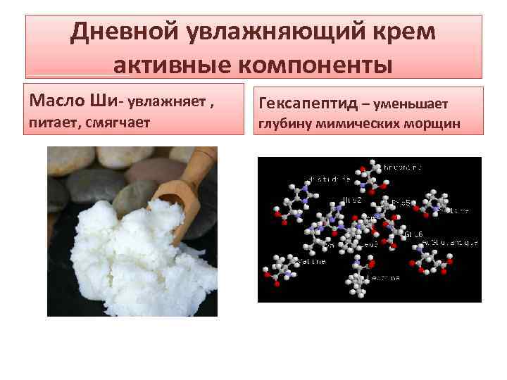 Дневной увлажняющий крем активные компоненты Масло Ши- увлажняет , питает, смягчает Гексапептид – уменьшает