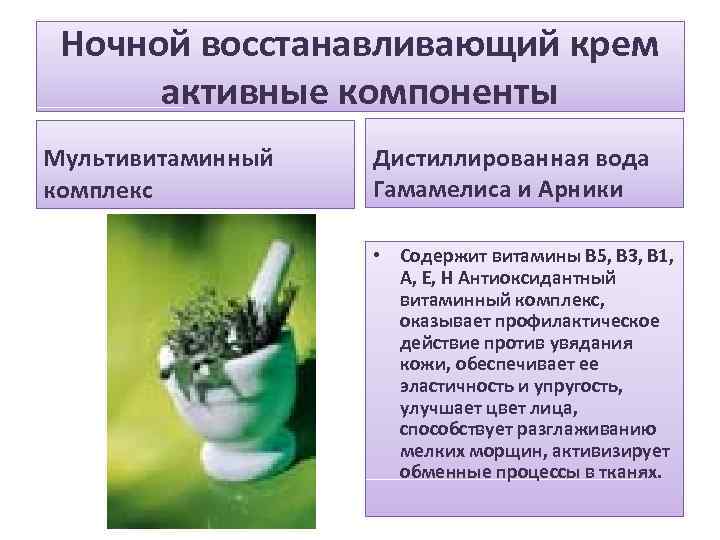 Ночной восстанавливающий крем активные компоненты Мультивитаминный комплекс Дистиллированная вода Гамамелиса и Арники • Содержит