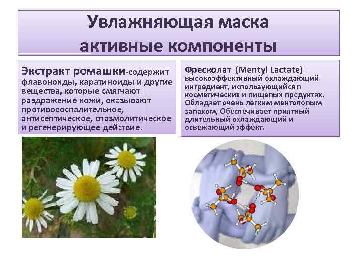 Увлажняющая маска активные компоненты Экстракт ромашки-содержит флавоноиды, каратиноиды и другие вещества, которые смягчают раздражение