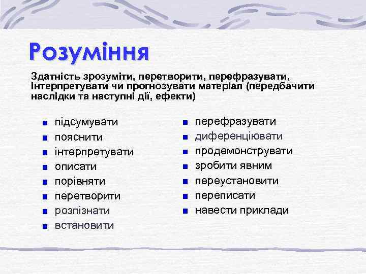 Розуміння Здатність зрозуміти, перетворити, перефразувати, інтерпретувати чи прогнозувати матеріал (передбачити наслідки та наступні дії,