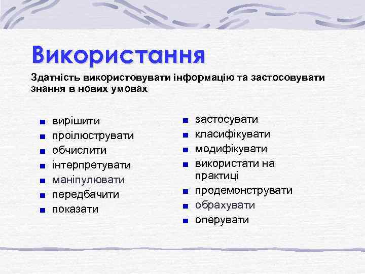 Використання Здатність використовувати інформацію та застосовувати знання в нових умовах вирішити проілюструвати обчислити інтерпретувати
