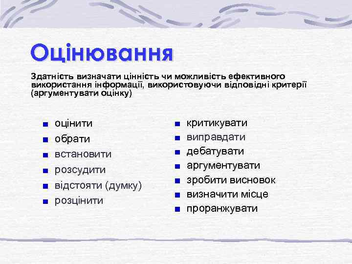 Оцінювання Здатність визначати цінність чи можливість ефективного використання інформації, використовуючи відповідні критерії (аргументувати оцінку)