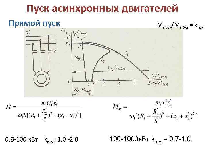 Пуск асинхронных двигателей Прямой пуск 0, 6 -100 к. Вт kп. м=1, 0 -2,