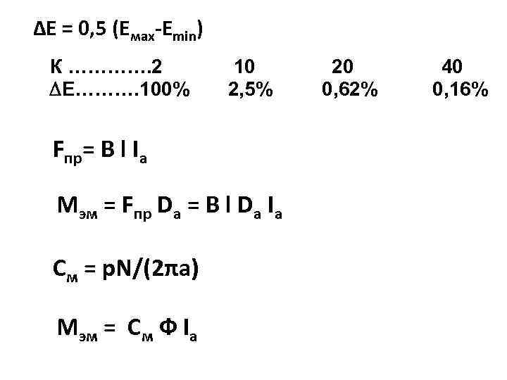 ∆Е = 0, 5 (Емах-Еmin) К …………. 2 ∆Е………. 100% 10 2, 5% Fпр=