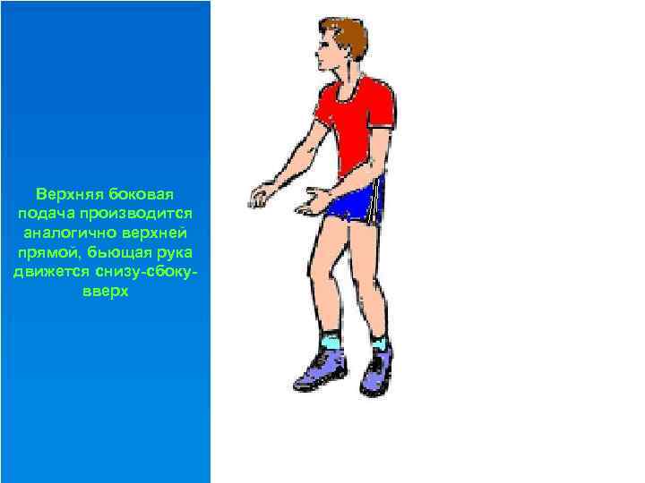 Верхняя боковая подача производится аналогично верхней прямой, бьющая рука движется снизу-сбокувверх 