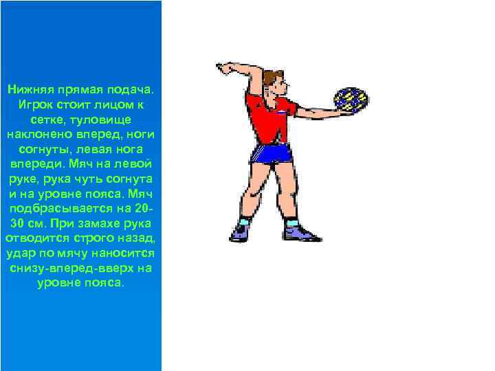 Нижняя прямая подача. Игрок стоит лицом к сетке, туловище наклонено вперед, ноги согнуты, левая