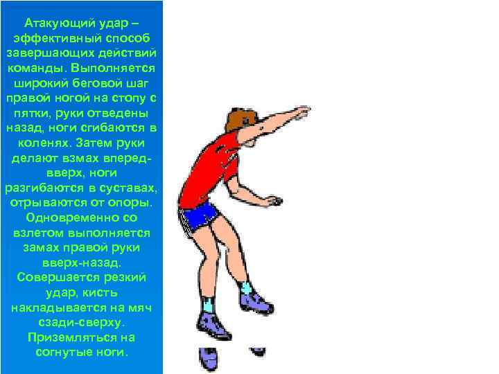 Атакующий удар – эффективный способ завершающих действий команды. Выполняется широкий беговой шаг правой ногой