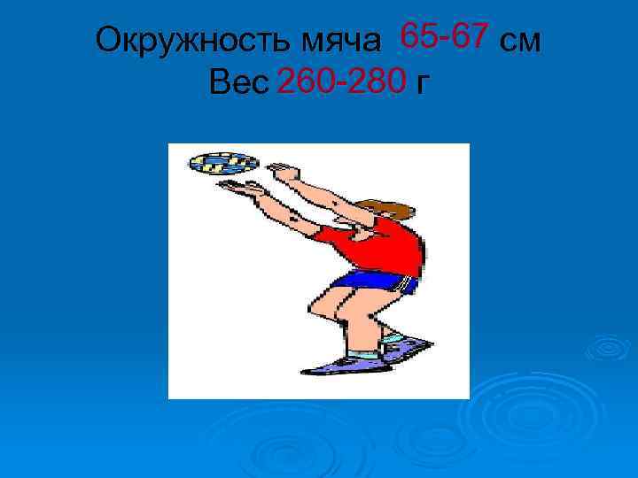 Окружность мяча 65 -67 см Вес 260 -280 г 