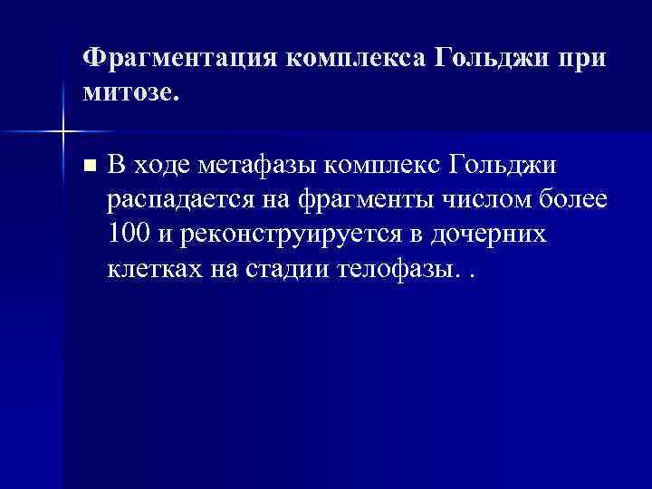 Фрагментация комплекса Гольджи при митозе. n В ходе метафазы комплекс Гольджи распадается на фрагменты