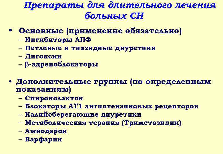 Препараты для длительного лечения больных СН • Основные (применение обязательно) – – Ингибиторы АПФ