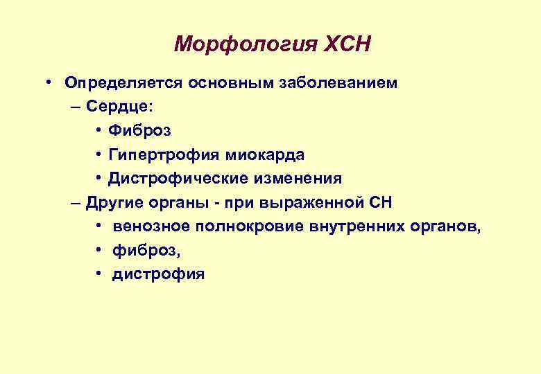 Морфология ХСН • Определяется основным заболеванием – Сердце: • Фиброз • Гипертрофия миокарда •