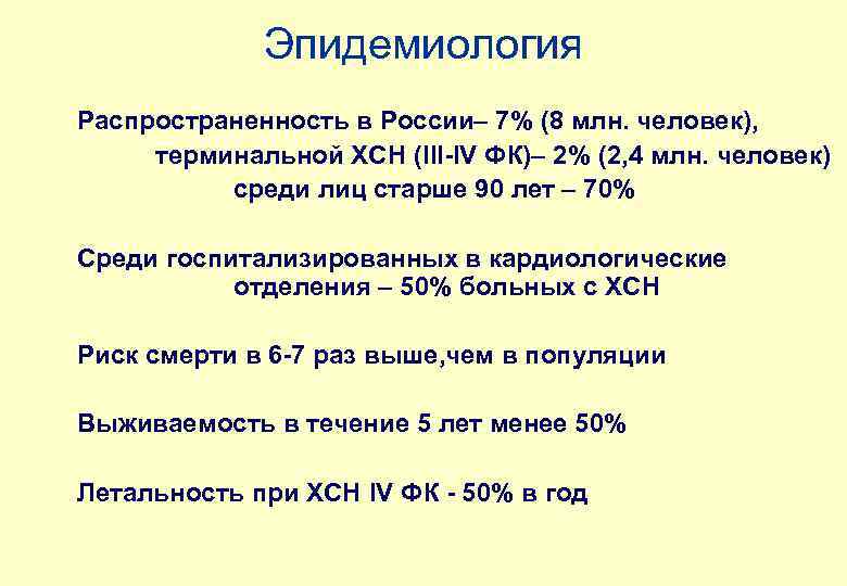 Эпидемиология Распространенность в России– 7% (8 млн. человек), терминальной ХСН (III-IV ФК)– 2% (2,