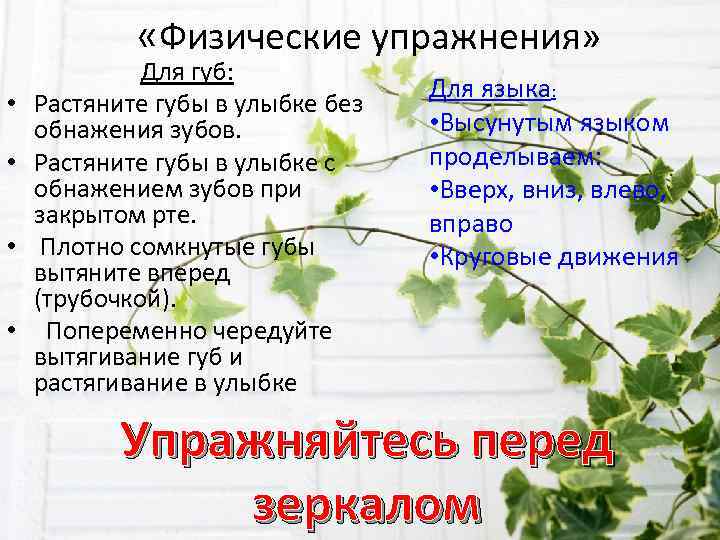  «Физические упражнения» • • Для губ: Растяните губы в улыбке без обнажения зубов.