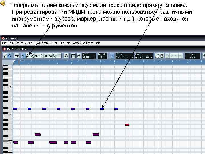 Теперь мы видим каждый звук миди трека в виде прямоугольника. При редактировании МИДИ трека