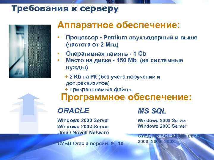 Требования к серверу Аппаратное обеспечение: • Процессор - Pentium двухъядерный и выше (частота от
