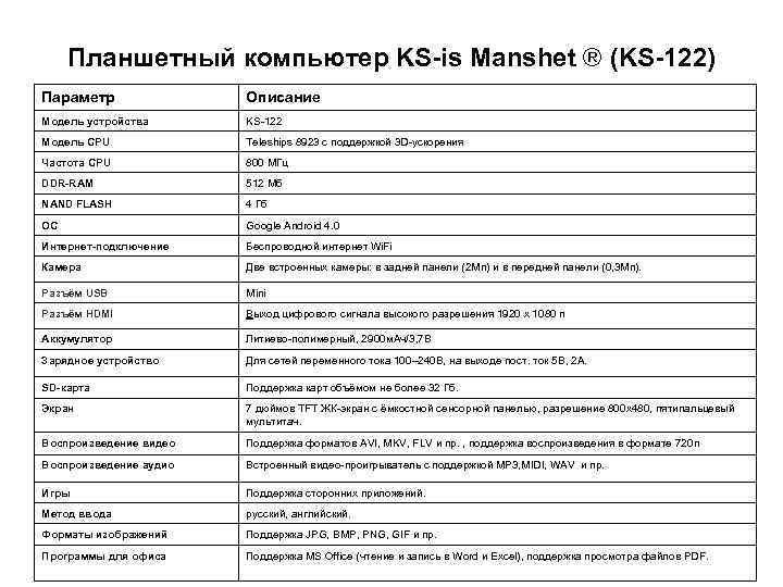 Планшетный компьютер KS-is Manshet ® (KS-122) Параметр Описание Модель устройства KS-122 Модель CPU Teleships