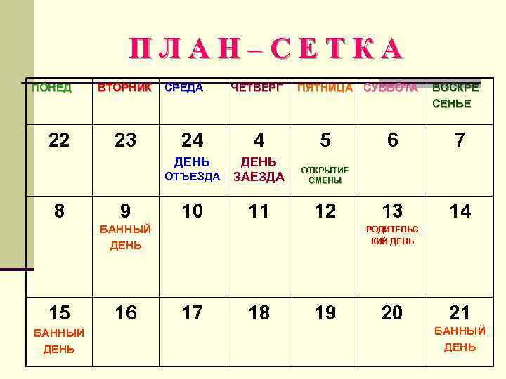 План сетка в лагерь на 18 день для вожатого