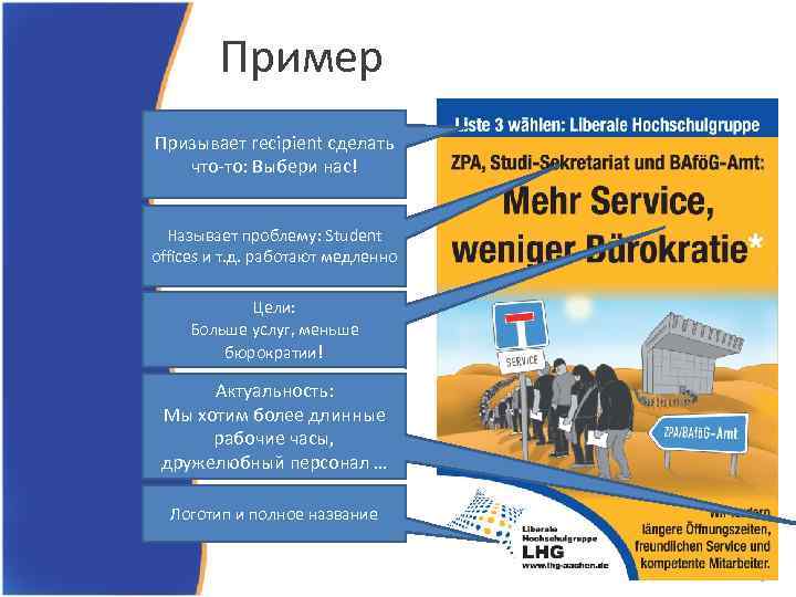 Пример Призывает recipient сделать что-то: Выбери нас! Называет проблему: Student offices и т. д.