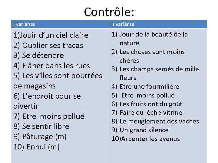 Сontrôle: I variante II variante 1)Jouir d’un ciel claire 2) Oublier ses tracas 3)