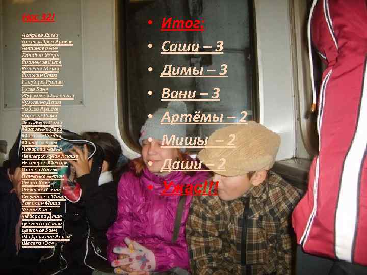 Нас 32! Асафьев Дима Александров Артём Антонова Аня Балабин Игорь Вишняков Витя Величко Миша