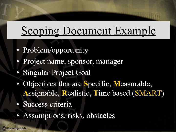 Scoping Document Example • • Problem/opportunity Project name, sponsor, manager Singular Project Goal Objectives