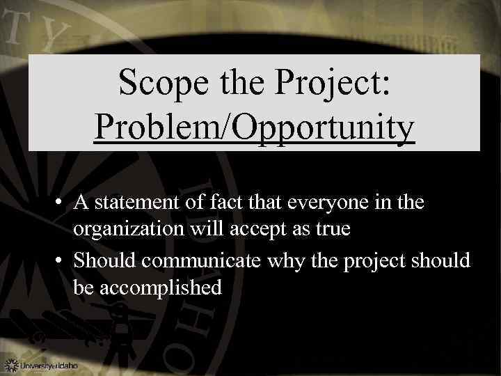 Scope the Project: Problem/Opportunity • A statement of fact that everyone in the organization