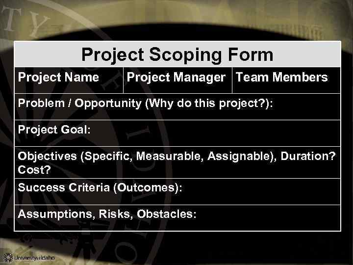 Project Scoping Form Project Name Project Manager Team Members Problem / Opportunity (Why do