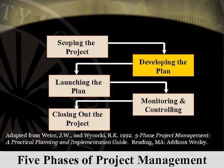 Scoping the Project Developing the Plan Launching the Plan Closing Out the Project Monitoring