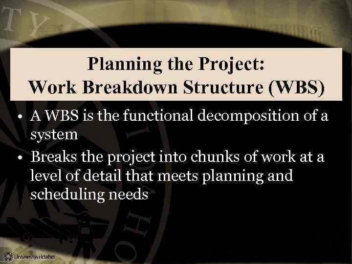 Planning the Project: Work Breakdown Structure (WBS) • A WBS is the functional decomposition