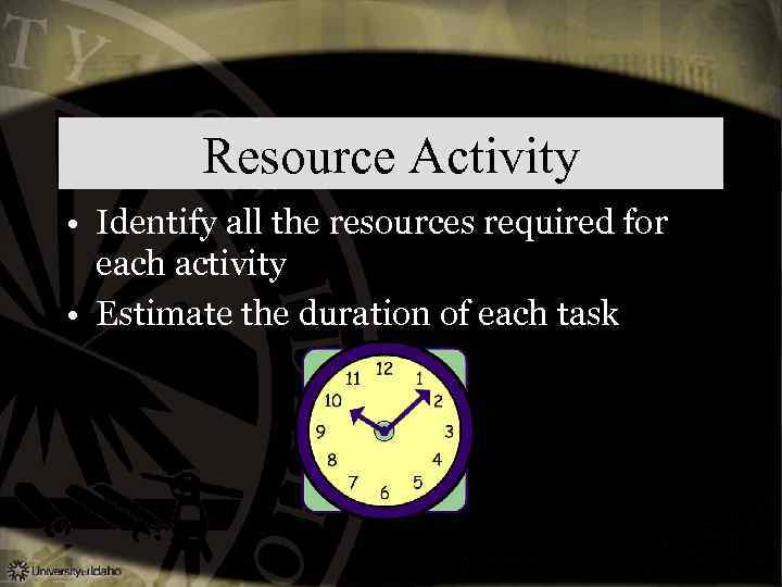 Resource Activity • Identify all the resources required for each activity • Estimate the