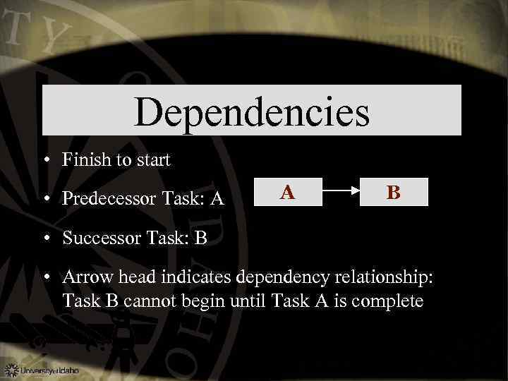 Dependencies • Finish to start • Predecessor Task: A A B • Successor Task: