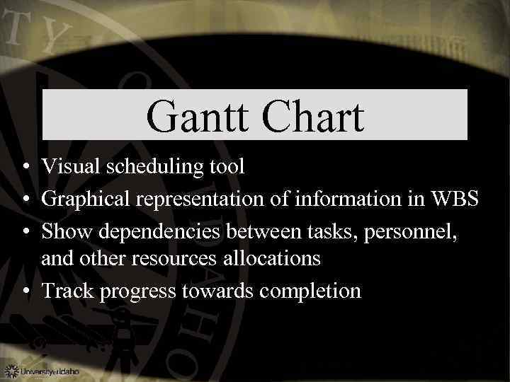 Gantt Chart • Visual scheduling tool • Graphical representation of information in WBS •