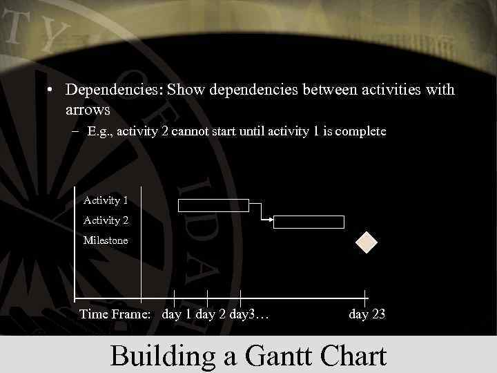  • Dependencies: Show dependencies between activities with arrows – E. g. , activity