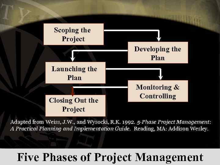 Scoping the Project Developing the Plan Launching the Plan Closing Out the Project Monitoring