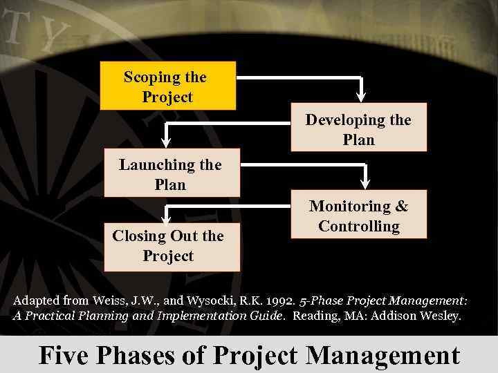 Scoping the Project Developing the Plan Launching the Plan Closing Out the Project Monitoring