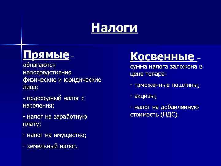 Налоги Прямые – облагаются непосредственно физические и юридические лица: - подоходный налог с населения;