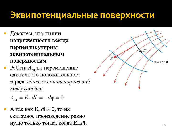 Эквипотенциальные поверхности Докажем, что линии напряженности всегда перпендикулярны эквипотенциальным поверхностям. Работа Aед по перемещению