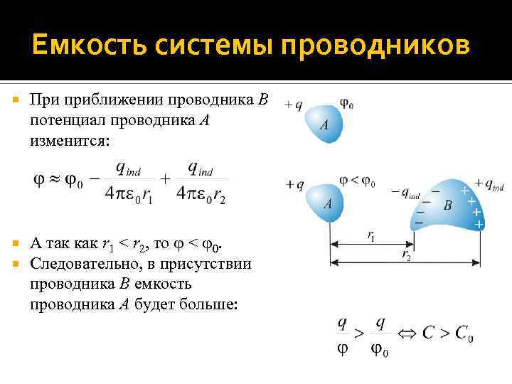 Емкость системы проводников При приближении проводника B потенциал проводника A изменится: А так как