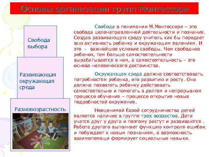 Основы организации групп Монтессори Свобода выбора Развивающая окружающая среда Разновозрастность Свобода в понимании М.