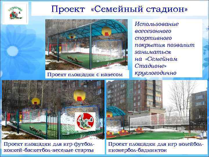 Проект «Семейный стадион» Проект площадки с навесом Проект площадки для игр футболхоккей-баскетбол-веселые старты Использование