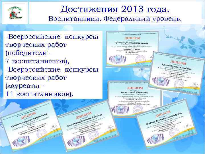 Достижения 2013 года. Воспитанники. Федеральный уровень. -Всероссийские конкурсы творческих работ (победители – 7 воспитанников),