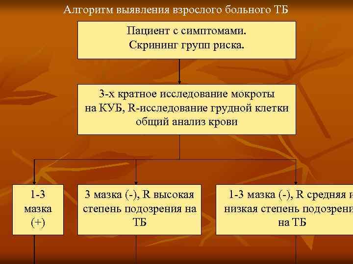 Алгоритм выявления взрослого больного ТБ Пациент с симптомами. Скрининг групп риска. 3 -х кратное