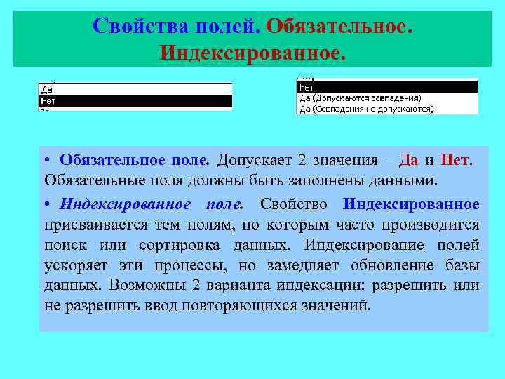 Свойства полей. Обязательное. Индексированное. • Обязательное поле. Допускает 2 значения – Да и Нет.