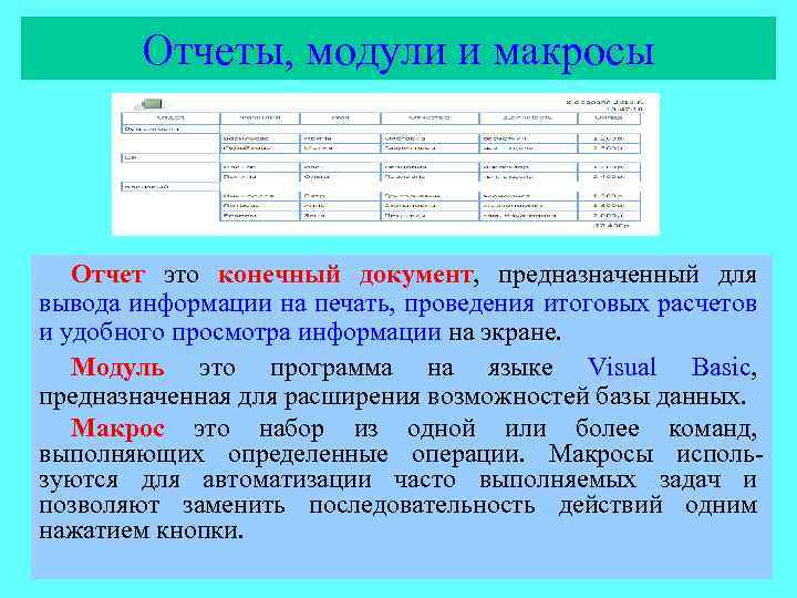 Отчеты, модули и макросы Отчет это конечный документ, предназначенный для вывода информации на печать,