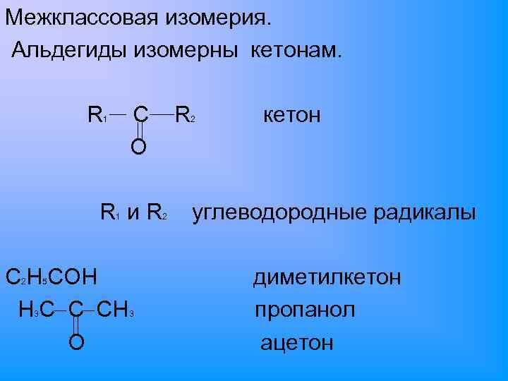 Межклассовая изомерия. Альдегиды изомерны кетонам. R C O 1 R и. R 1 С
