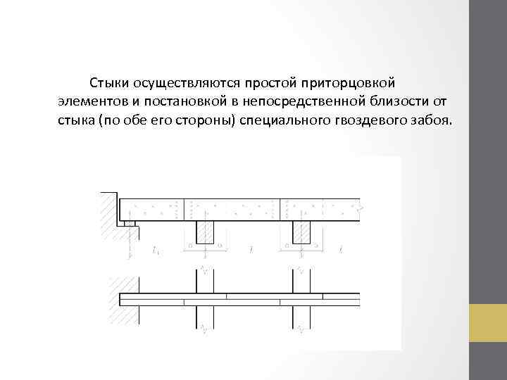 Стыки осуществляются простой приторцовкой элементов и постановкой в непосредственной близости от стыка (по обе