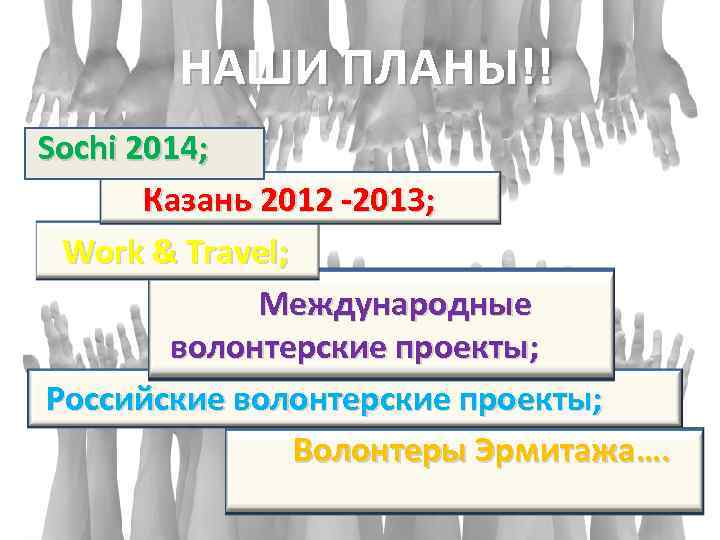 НАШИ ПЛАНЫ!! Sochi 2014; Казань 2012 -2013; Work & Travel; Международные волонтерские проекты; Российские